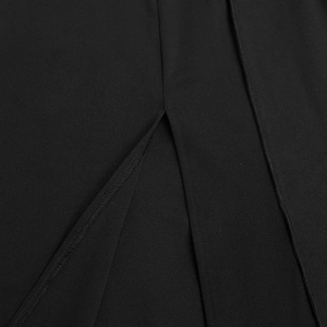 Close-up of side slit design and woven texture on a black v-neck maxi dress