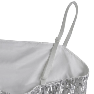 Detail of adjustable white spaghetti straps and silver sequins on evening party dress