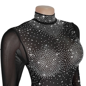 Detail of sheer mesh sleeves and glittering rhinestone patterns on a black sexy dress