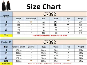 Detailed size chart for elegant rhinestones evening dress model C7392 from S to XXL