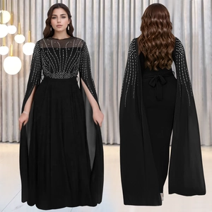 Elegant Black Chiffon Evening Dress With Rhinestones Radiating Pattern Sheer Mesh Cape Sleeve A-Line Floor Length Formal Party Gown For Women