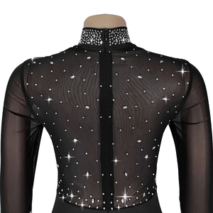 Close-up of black mesh bodysuit back featuring silver rhinestones and a hidden zipper