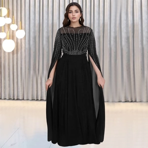 Elegant black evening gown with sequined sheer neckline and split cape sleeves detail
