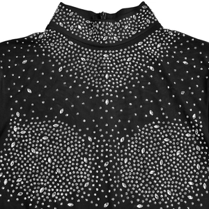 Detailed view of sheer black mesh dress with shimmering silver rhinestones and high collar