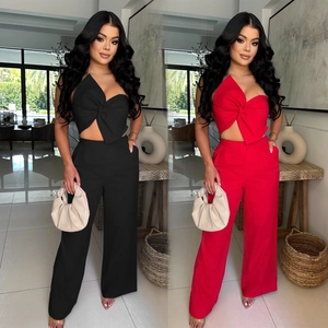 Women's Sexy Bow Tube Top And High Waist Wide Leg Pants Set Solid Color Polyester Elegant Party Clubwear Top And Bottom