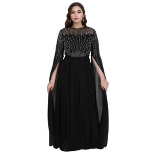 Elegant black evening gown with rhinestone details and open cape sleeves for formal events