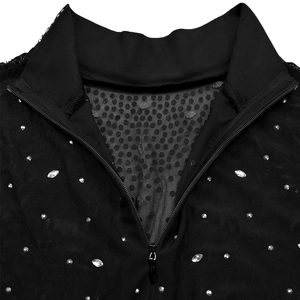 Detail of black mesh top with sparkling rhinestones, high collar and half-zipper closure