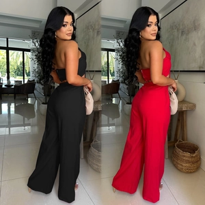 Women's backless tube top and wide-leg trousers set in red and black colors
