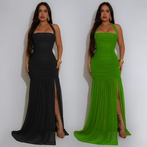 Women Halter Neck Backless Ruched Maxi Dress Sexy Bodycon Floor Length High Split Mesh Evening Party Dress Dress