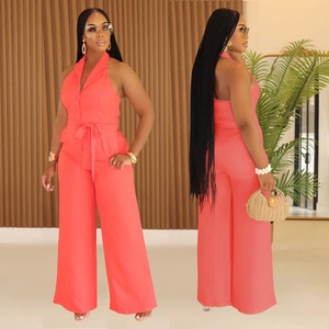 Combinaison licou orange corail avec col en V et pantalon large pour femmes