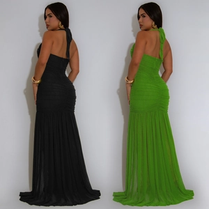 Sleeveless backless ruched maxi dress with side slit in black and vibrant green colors