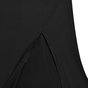 Detail shot of the side slit and high-quality stitching on this black mesh dress
