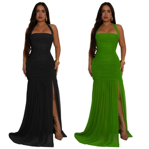 Elegant halter neck bodycon mesh long dress with sexy high slit in black and green