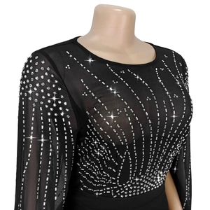 Detail of elegant black mesh dress featuring shimmering silver rhinestones on sheer fabric