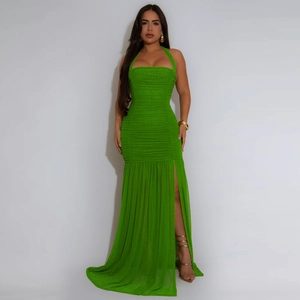 Elegant lime green ruched maxi dress with halter neck and side slit for women
