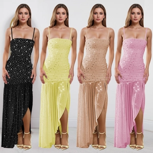 Women Sexy Hot Rhinestone Sling Maxi Dress Elegant Backless High Slit Bodycon Evening Party Gown Polyester Spandex Dress