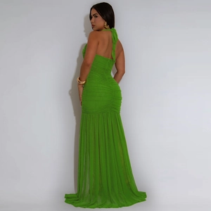 Detail of lime green mermaid dress featuring elegant ruching and halter neck tie
