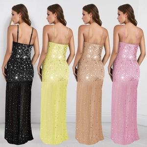 Sling backless sparkling rhinestone slit maxi dress in black, yellow, pink, champagne