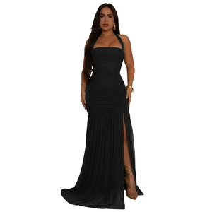 Detail of ruched floor-length black halter neck dress featuring a high side slit design
