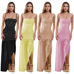 Sparkly rhinestone sleeveless slit dress for women in black yellow champagne and pink