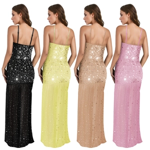 Four color variants of sequined evening dresses with thin straps and side slits