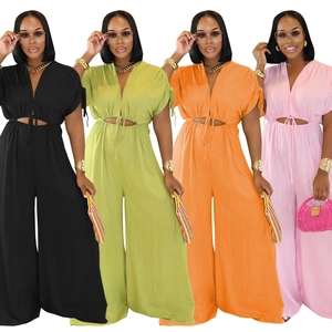 Women's V-neck wide-leg jumpsuit with waist cutout and drawstring in four colors