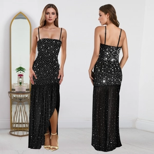 Sparkly black rhinestone slip maxi dress with a sexy high slit for elegant evening events
