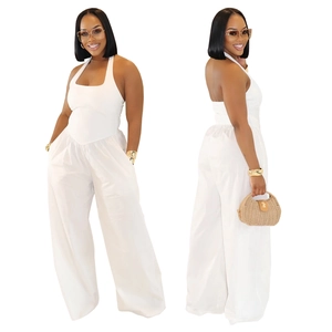 Detailed front and side view of white halter-neck wide-leg jumpsuit with side pockets