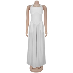 Detailed view of white halter neck wide leg jumpsuit with high waist design and fluid fabric
