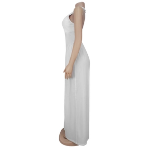 Side view of white backless sleeveless halter maxi dress on a professional mannequin