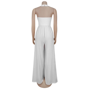 Back view of elegant white halter neck jumpsuit with wide leg design and open back detail