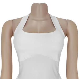 Detail of white square neck bodysuit with backless design and slim fit stretch fabric