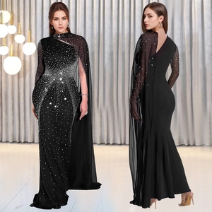 Robe de Soirée Élégante Noire à Strass pour Femme Manche Cape en Maille Robe Maxi Sirène Moulante pour Fête Formelle Banquet de Mariage