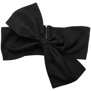 Detailed back view of black tube top featuring silver metal zipper and oversized bow design