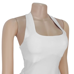 Detail of white square neck bodysuit with thick knit fabric and V-shaped stitching