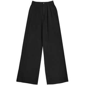 Detail of high waisted black wide leg pants with pleated waist and single button closure
