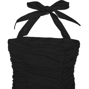 Detail of black mesh halter top featuring intricate horizontal ruching and tied neck bow