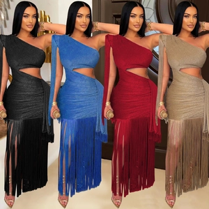 Femmes Sexy Épaule Dénudée Franges Robe Maxi Ajourée Moulante Scintillante Longue Robe de Soirée pour Fête Banquet Mariage