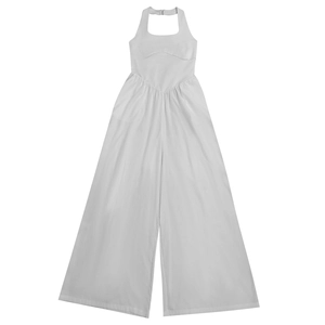 Flat lay of a white backless halter jumpsuit featuring wide legs and V-cut waist seam