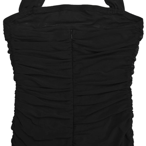 Close-up of black mesh dress back featuring ruched fabric texture and invisible zipper