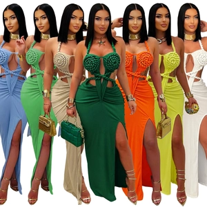Halter neck knit maxi dress with side cut-outs and thigh-high slit in various colors
