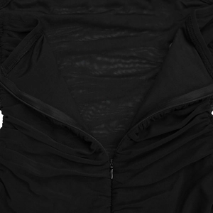 Detail view of the black ruched mesh fabric featuring a hidden zipper on the dress back