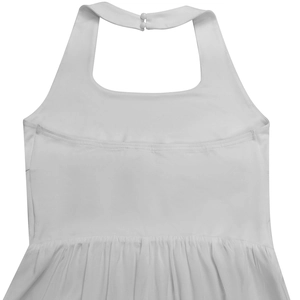 Detail of white halter neck jumpsuit with back buttons and pleated waist texture