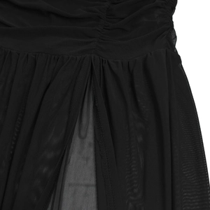 Close-up of semi-transparent black mesh fabric with ruching details and a stylish slit