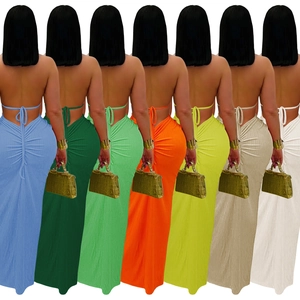 Collage of backless halter maxi dresses with ruched details in seven vibrant colors