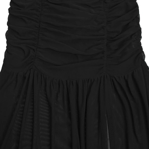 Detail of black semi-transparent mesh fabric featuring intricate ruched texture and layering