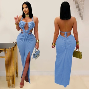 Light blue halter neck knitted dress with cutout details and sexy high slit hemline