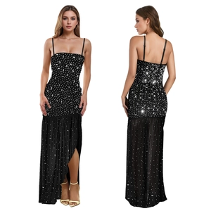 Detail of black rhinestone sequin slip dress featuring side slit and sparkling finish