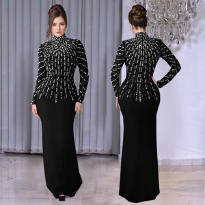 Women Elegant Black Evening Dress Long Sleeve High Neck Rhinestone Artificial Pearl Beadwork Slim Fit Formal Party Banquet Gown