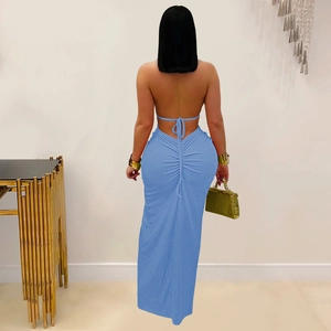 Detail of the back cross-tie design and ruched texture on this blue halter neck maxi dress
